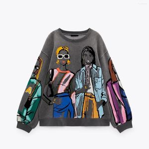 Damen Hoodies Mode Cartoon Print Y2K Sweatshirt Frauen Winter Lose Fleece Stitch Sweatshirts Weiblich Langarm Chic Pullover Tops