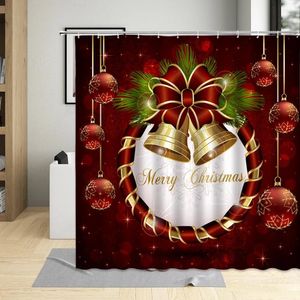Shower Curtains Christmas Red Bow Bells Curtain Home El Winter Festival Wall Cloth Bathroom Decor Polyester Fabric Hooks Set