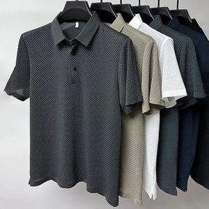 cross-border high-end fashion casual mesh ice silk short-sleeved T-shirt mens summer solid color slip polo shirt 240329