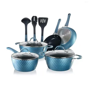 Cookware Sets 11 Piece Nonstick Diamond Pattern Kitchen Set Royal Blue Stainless Steel Cooking Non Stick Pot Food