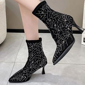 Boots 2023 Winter New Crystal Suede Women Ankle Sock Boots Chunky Chelsea Boots Pointed Toe Goth Mujer Pumps Botas High Heels Shoes