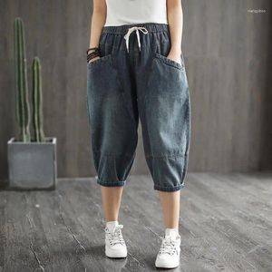 Jeans femininos moda remendo projetos vintage cintura elástica 2024 roupas de verão solto all-match bolsos denim calças capri