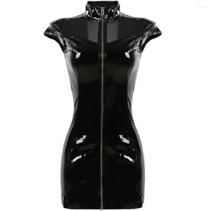 Tillfälliga klänningar! Sexiga kvinnor faux läder miniklänning svart pvc våt look bondage tight catsuit fetisch latex klubbkläder kostym