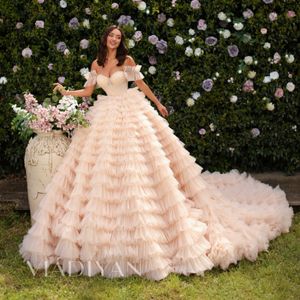 Amazing Ball Gown Wedding Dresses Beaded Tiered Bridal Gown Sweetheart Neckline Sweep Train Tulle Vestido de Novia for Bride