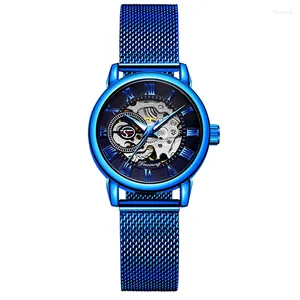Armbanduhren Modische kleine Uhr mit blauem Armband und Zifferblatt, mechanisches Selbstwerk für Herrenuhren