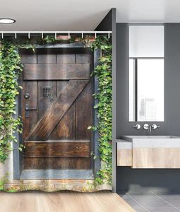 Shower Curtains Rustic Wooden Door Vintage Brick Wall Greenery Leaves Modern Retro Printed Bathroom Decor Bath Curtain Set Hooks