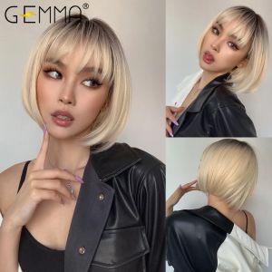 Wigs GEMMA Short Bob Straight Synthetic Wigs with Bangs Ombre Brown Blonde Wig for Women Afro Wigs Cosplay Party Daily Heat Resistant