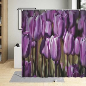 Zasłony prysznicowe Purple Tulip Flower Pastoral Bathroom Decor Ekrany Kwiat roślin ogrodniczy Wodoodporna wanna z haczykami