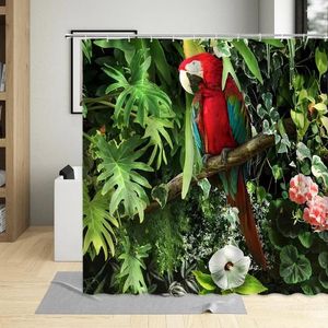 Shower Curtains Tropical Jungle Parrot Curtain Green Plants Leaf Flower Waterfall Scenery Pattern Bathroom Polyester Cloth Sets