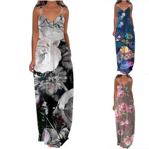 Casual Dresses Summer For Women 2024 Printing V Neck Dress Halter Long With Pockets Zipper Boho Female