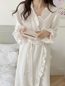 Home Clothing Cotton Bathrobe Women Ruffles Long Sleeve Korean Sweet Kimono Robe Elegant Spa Lady Spring Autumn Dressing Gown Pajamas