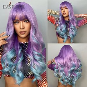 Perücken Easihair Cosplay Party farbenfrohe synthetische Perücken lange natürliche wellige lila blaue Ombre -Perücken mit Bang Halloween Kostümen für Frauen