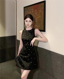 Party Dresses Aristocratic Wind Black Nail Bead Backless Set Auger Summer Heavy Hammer Drill Collect Waist Holiday Little Dress