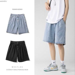 Men's Shorts Wide leg pocket denim shorts for mens summer thin solid color casual loose one knee long pants with five dots for mens jeansL2404