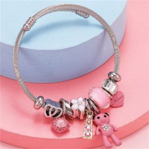 Stainless Steel DIY Jewelry Big Pink Bear Pendant Love Women's Bracelet Fashion Cuff Band Charm Pulseras AB75