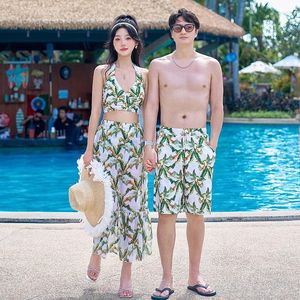 Women's Swimwear Swimsuit Couple Green Print Women Bikini 3 Piece Set Mens Short Lover's Beach Wear 2024