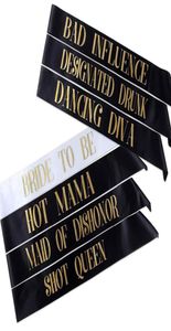 7pcs Lot Bachelorette Sashes Gelin Sash Düğün Gelin Bekarlık Parti Dekorasyonları Malzemeleri Malzemeler Kısa Kraliçe Mama335v3356352