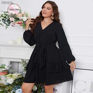 Urban Sexy Dresses Della Mel 3xl 4xl Plus Elegant Womens Dress Black V Tie Lantern Sleve Womens Stor aftonklänning Y240402