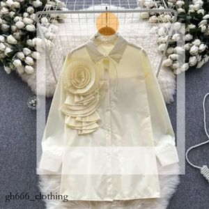 French Chic Women Blouse Fashion 3D Floral Long Puff Sleeve Turn-down Collar Lace Up Autumn Age-reducing Female Tops Dropship 675