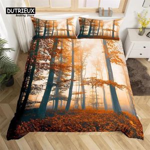Bedding Sets Dense Birch Trees With Red Leaves Duvet Cover Tree Lush King Set Polyester Jungle Nature Botanical Print Comforter