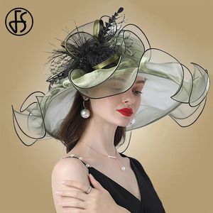 Fs moda chapéu para mulheres rosa organza chapéus senhoras festa de chá casamento grande borda larga fascinator vintage fedoras 240318