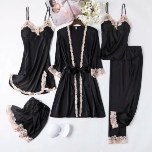 Handschuhe Frauen Schwarz Spitze Kimono Robe Sets Sexy Nachthemd Braut Morgenmantel Nachtwäsche Rayon Pyjamas Anzug Sommer Mxxl Casual Hause tragen