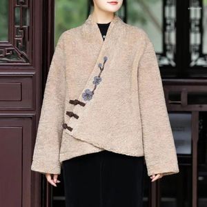 Женские куртки Johnature, женские винтажные пальто из овечьей шерсти с вышивкой, свободные пальто с v-образным вырезом и длинными рукавами, 2024, зимний флисовый пояс