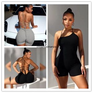 2024 Designer Sexig backless Rompers Women Summer Halter Jumpsuits Solid Bandage Playsuits One Piece Bodysuits Night Club Wear Wholesale Clothes
