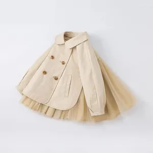 Jackor 2024 Autumn Girls Multi Mesh Fairy Beige Double Single Button Trench Coats Dresses