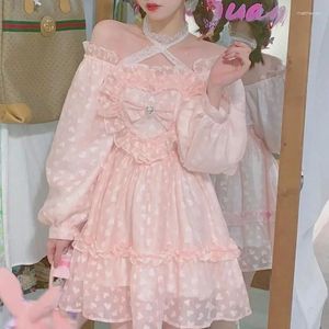 Casual klänningar rosa japanska söta lolita klänningar kvinnor kawaii fairy party mini mode spetsar halter söt prinsessa vår och höst