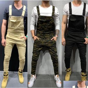 Mens Jeans Big Pocket Camouflage Tryckt denim Bib Overallar Jumpsuits Militär Armé Green Working Cloths Eralls Fashion Casual Drop Dhvli