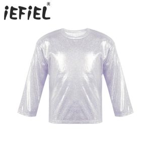 Kids Shiny Metallic T Shirts Children Boys Girls Long Sleeve Loose Dance Crop Tops for Stage Performance Party Costumes Tanks 240318