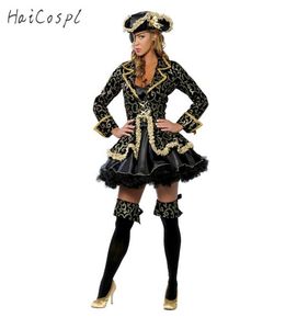 Traje de pirata feminino saia sexy festa de halloween cosplay fantasia palco desempenho ouro preto com chapéu blinder carnaval outfit4415795