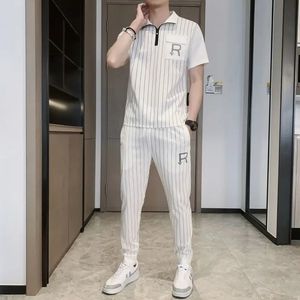 Summer Ice Silk Casual Suit Mens Youth Korean Version of the Trend Striped Short-Sleeved T-Shirt Shirt Shirt Trousers Tracksuit Two S 240402