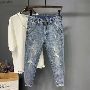 Jeans da uomo estate da uomo strappamento a nove dot jeans elastico in vita slim fit jeansl2404