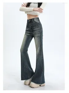 Kvinnors jeans vintage blå smal hög midja flare amerikansk gata stil bred ben pant kvinnlig rak denim klocka bottom byxor