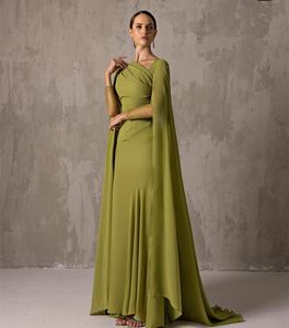 Elegant Long Green Asymmetrical Neck Evening Dresses With Sleeves Mermaid Crepe Floor Length Zipper Back Prom Dresses for Women