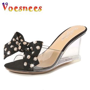 Butterfly-Knot Low Heel Womens Bow Slippers Outdoor Summer Shoes Dress Wedges Transparenta Woman Heels Pearl Heel Highs Sandaler 240318