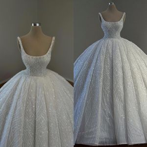 Prinzessin Kristallkugelkleid Hochzeitskleid für Braut Dicke Träger Pailletten Spitzen Brautkleider Sweep Zug Rüsche Robe de Mariage Brautkleider