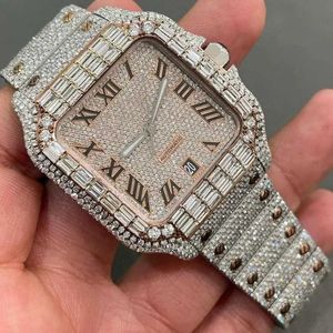 Iced out vvs moissanite diamante movimento automático relógio estourar para baixo relógio de pulso artesanal relógio de pulso de aço inoxidável