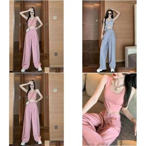 Womens Two Piece Pants Vitality Suit Female Girl Summer Dress 2023 Sweet And Spicy Wear Hong Kong Style High Waist Drape Wide Drop Del Dhy1O