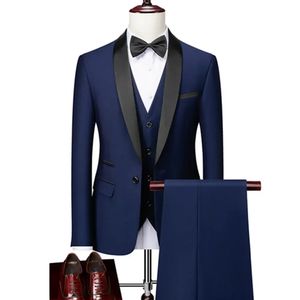 Mens Lapel Black Collar 3 Piece Suit Set Coat Vest Trousers / Business Groomsmen Groom Wedding Dress Fprmal Blazer Pants 240329