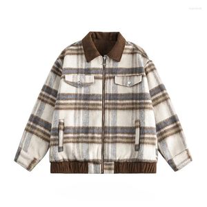 Men's Jackets American Retro Plaid Contrast Woolen Lapel Jacket For Men And Women Autumn Winter Thickened Loose Casual Couple Zippered Coats