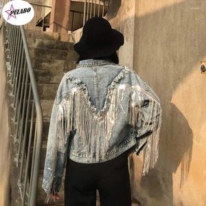 Women's Jackets PULABO Vintage Oversized Women Jeans Jacket With Tassel Autumn Streetwear Loose Female Denim Coat Long Sleeve Outwear