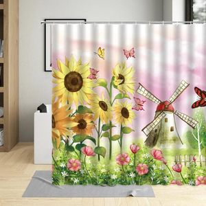 Shower Curtains Rural Pastoral Sunflower Windmill Scenery Curtain Butterfly Bird Tree Oil Painting Illustration Bathroom Bathtub Deco Set