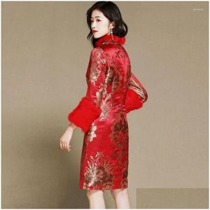 Etniska kläder Autumn Winter Shanghai Story Silk Blend Women qipao kinesisk klänning långärmad cheongsam klänning knä längd orientalisk drop dhusp