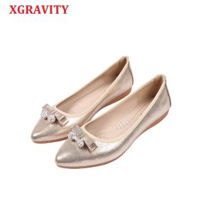 Flats Xgravity Pearl Design Flats Ballet Bowtie Flat Butterfly Knot Frauen entworfene Mädchen Blume Spitzzehe Goldene Schuhe Slipper A137