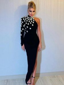 Casual Dresses 2024 Designer Black Bandage Dress Women Elegant Sexy Turtleneck Single Sleeve Crystal Open Leg Asymmetric Prom Gowns