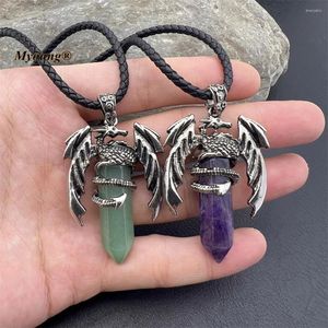 Pendant Necklaces 10PCS Natural Gems Tiger Eye Stone Aventurine Crystal Quartz Amethysts Hexagonal Vintage Dragon Hide Rope Necklace FR003