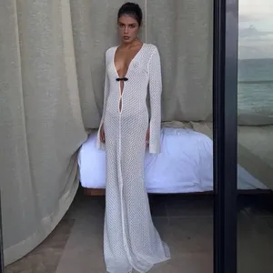 Casual Dresses Sexy White Lace Crochet Kimono Bikini Cover Up Women Swimwear Deep V Neck Beachwear Beach Dress Long Party Cocktail